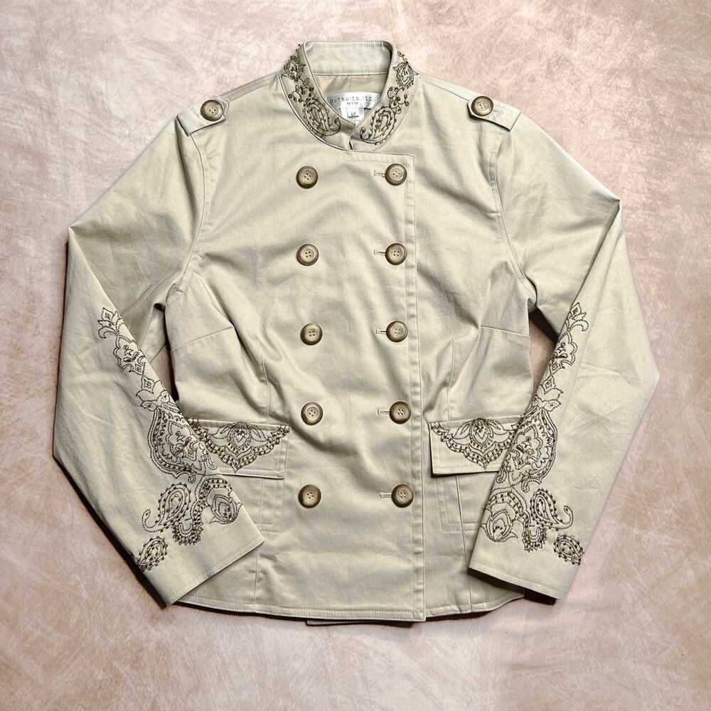 Vintage 90s Boho Beaded Military Jacket Double Breasted Hippie Festival Retro